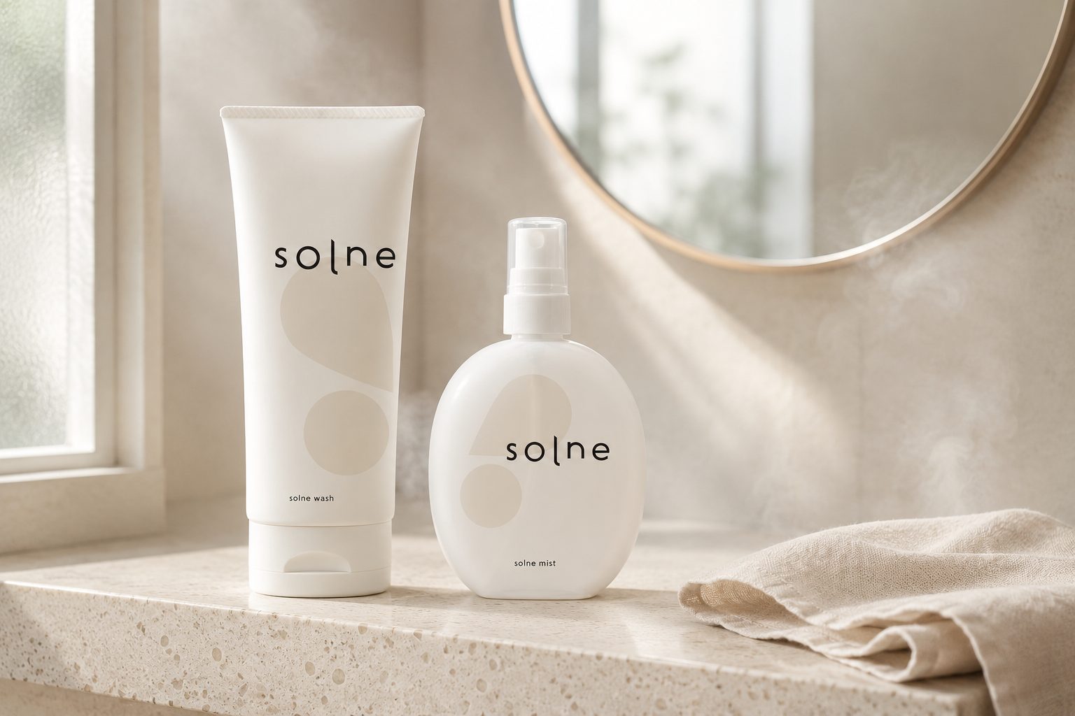 湯気の立つ洗面台に置かれた solne wash と solne mist
